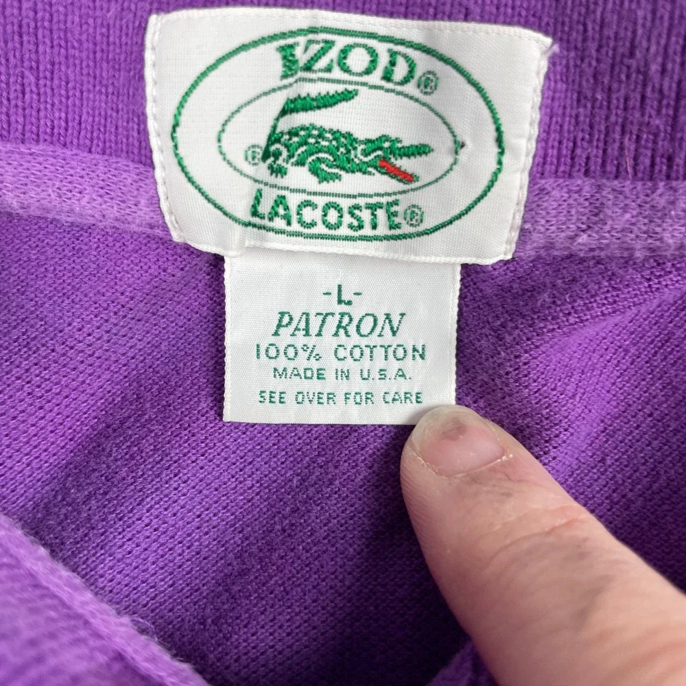 VTG IZOD Lacoste Polo Shirt Mens L Purple Patron Pique Short Sleeve Made In USA